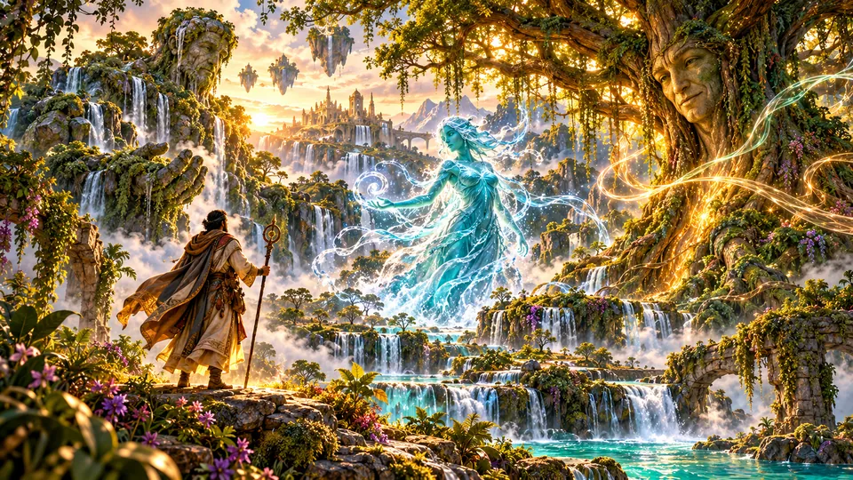 A lone master meeting spirits, a Mother Tree and animal guides within the Lands