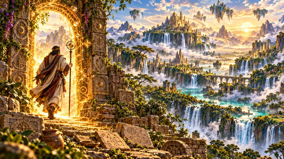 A lone ancient master crossing the threshold into a hidden spiritual landscape