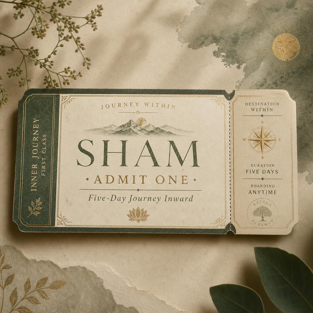 An elegant SHAM travel pass with compass and botanical details, evoking an inner journey.