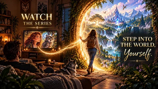 A man watches Aura and Master Owl on television, under the words Watch the Series
