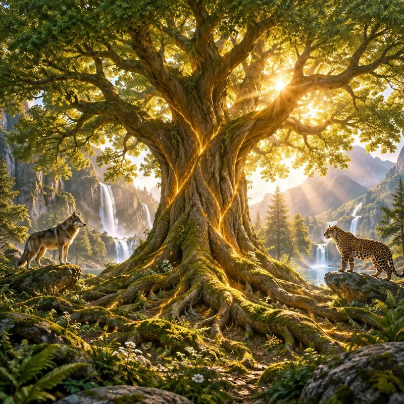 The Mother Tree with natural bark and golden light through its branches