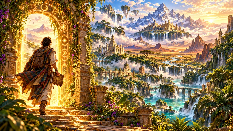 A present-day traveller standing before an open doorway into the Five Lands