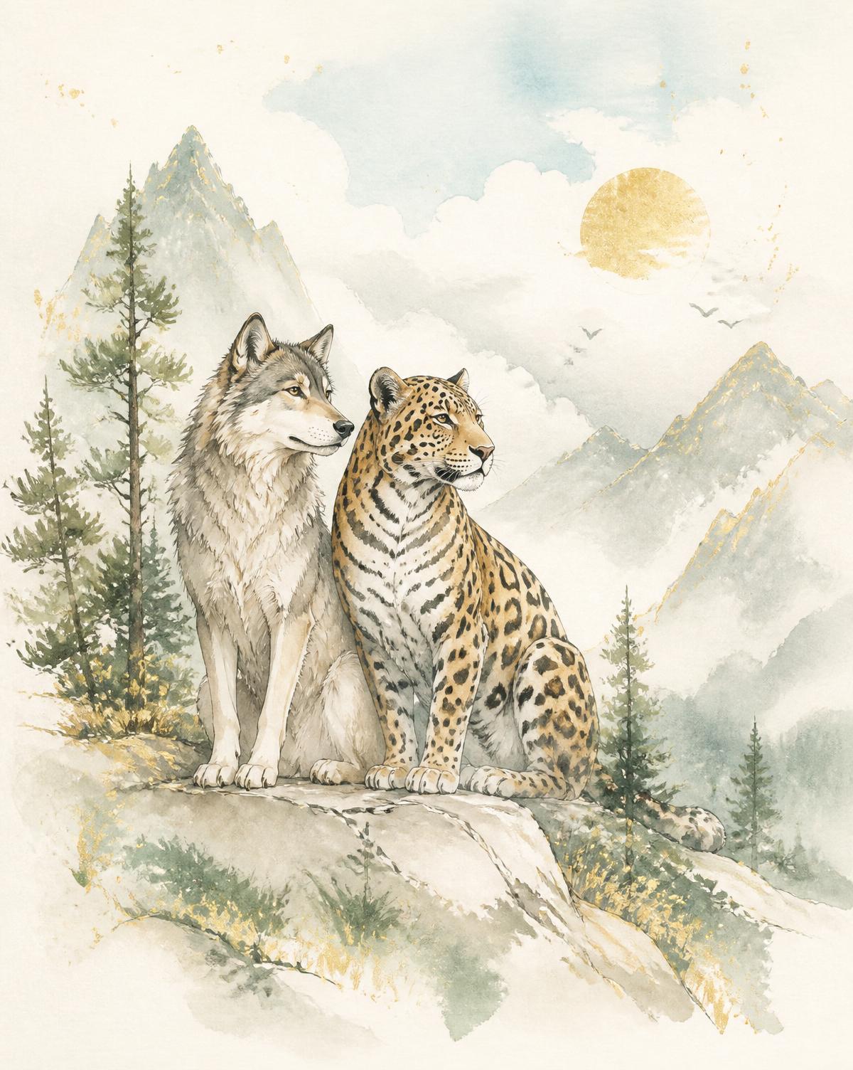 A wolf and a jaguar side by side on a mossy cliff at dawn overlooking layered misty forest valleys.