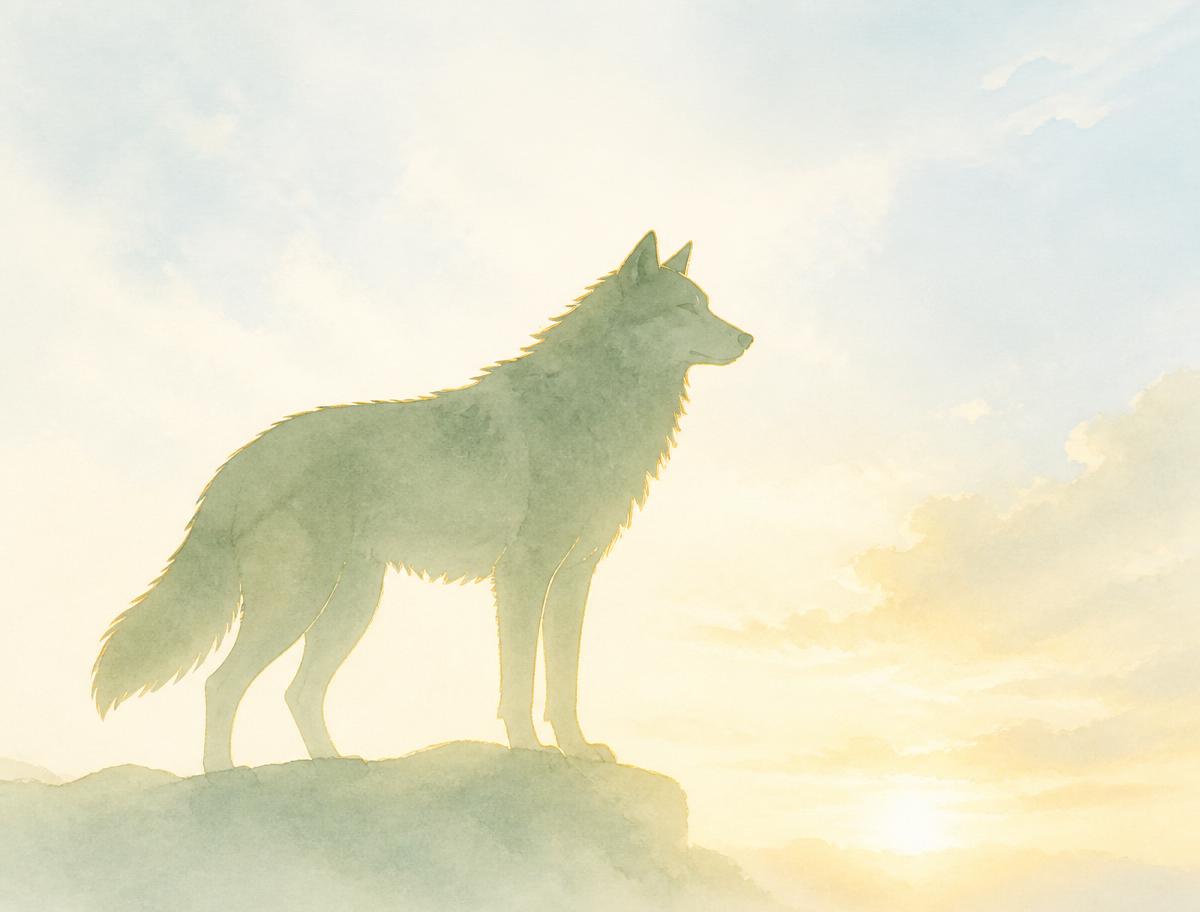 A grey wolf pausing at the edge of a misty forest.