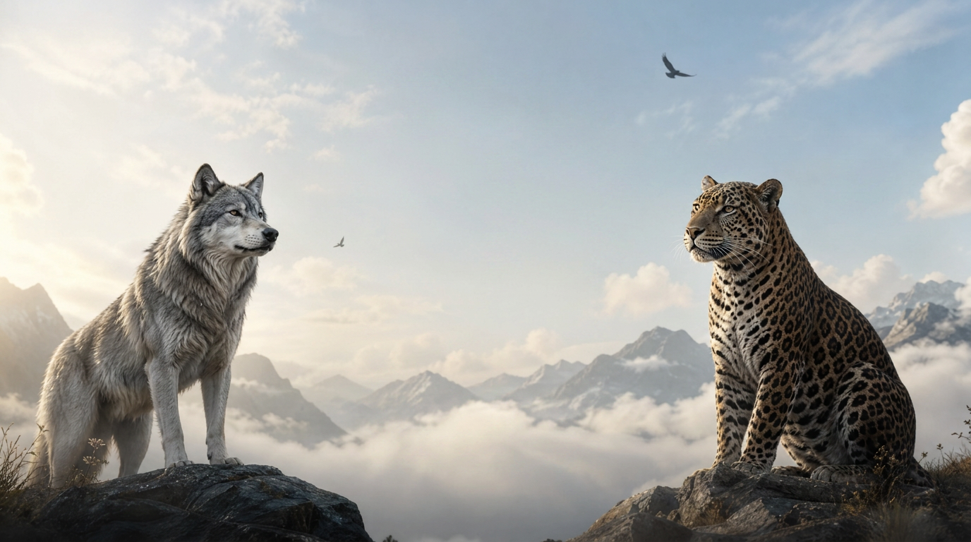 A wolf and a jaguar standing together above a misty forest valley beneath an open sky.
