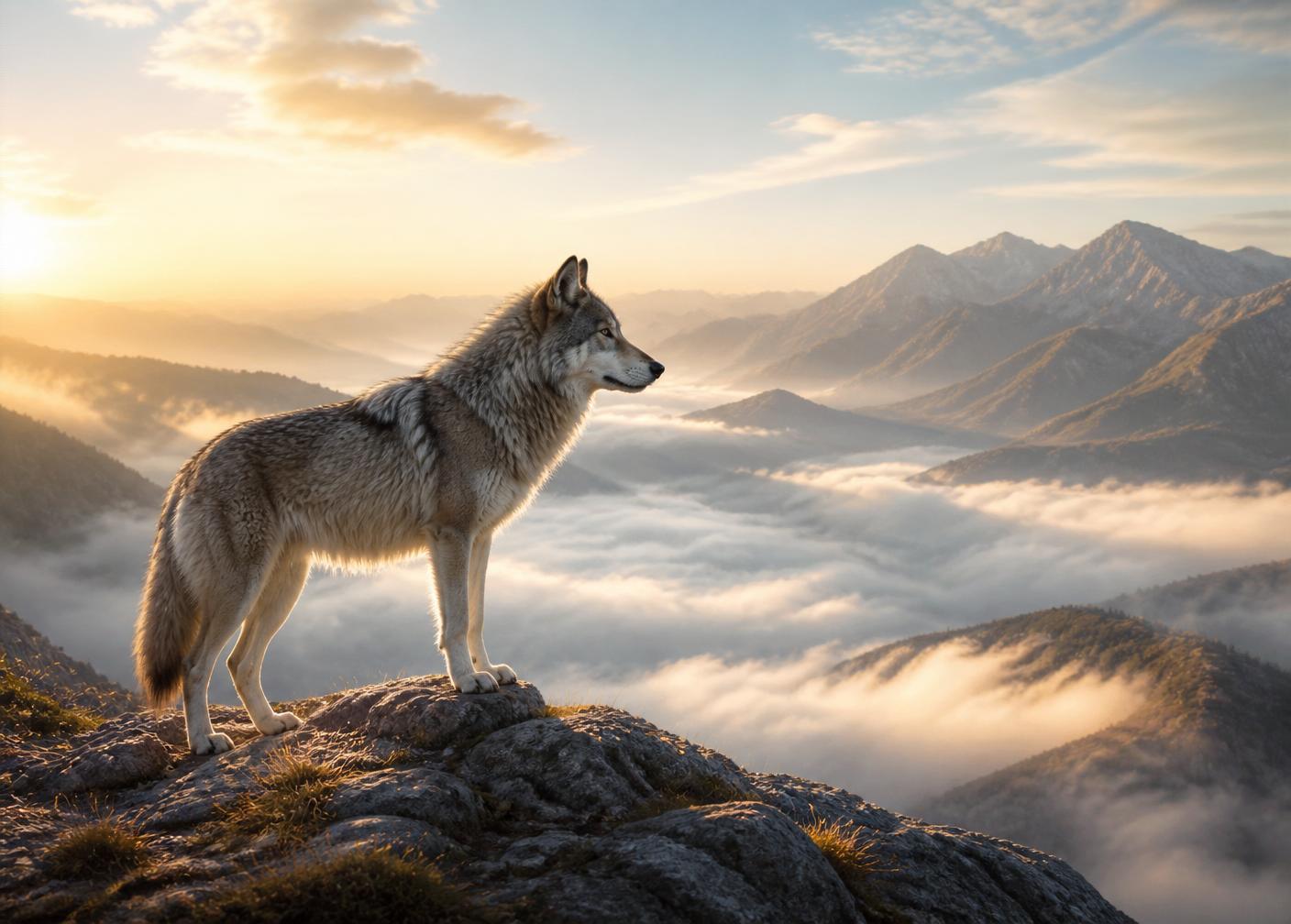 A wolf on a mountain ridge in the golden morning light above the clouds.