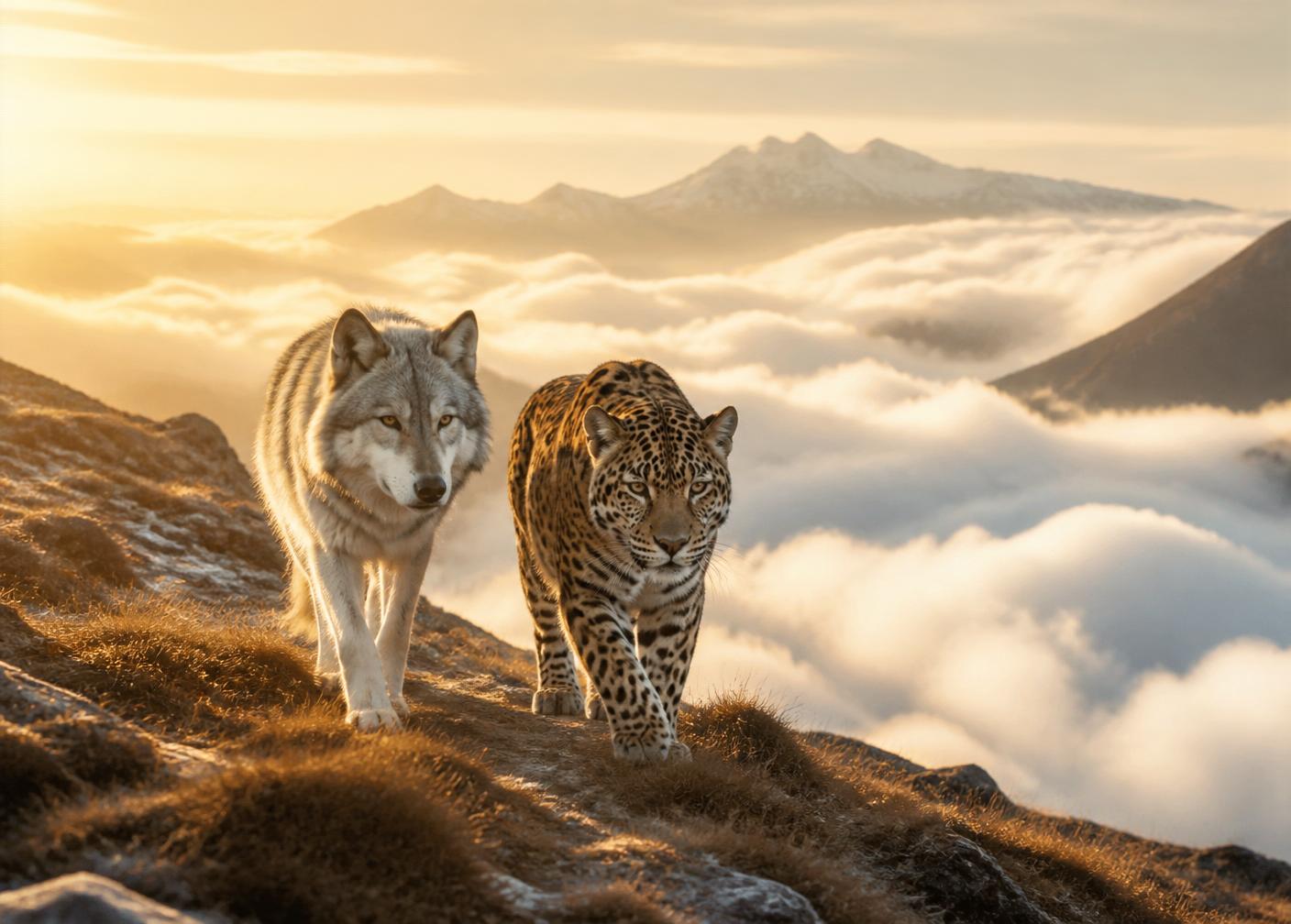 Wolf and jaguar walking together across a mountain ridge above the clouds.