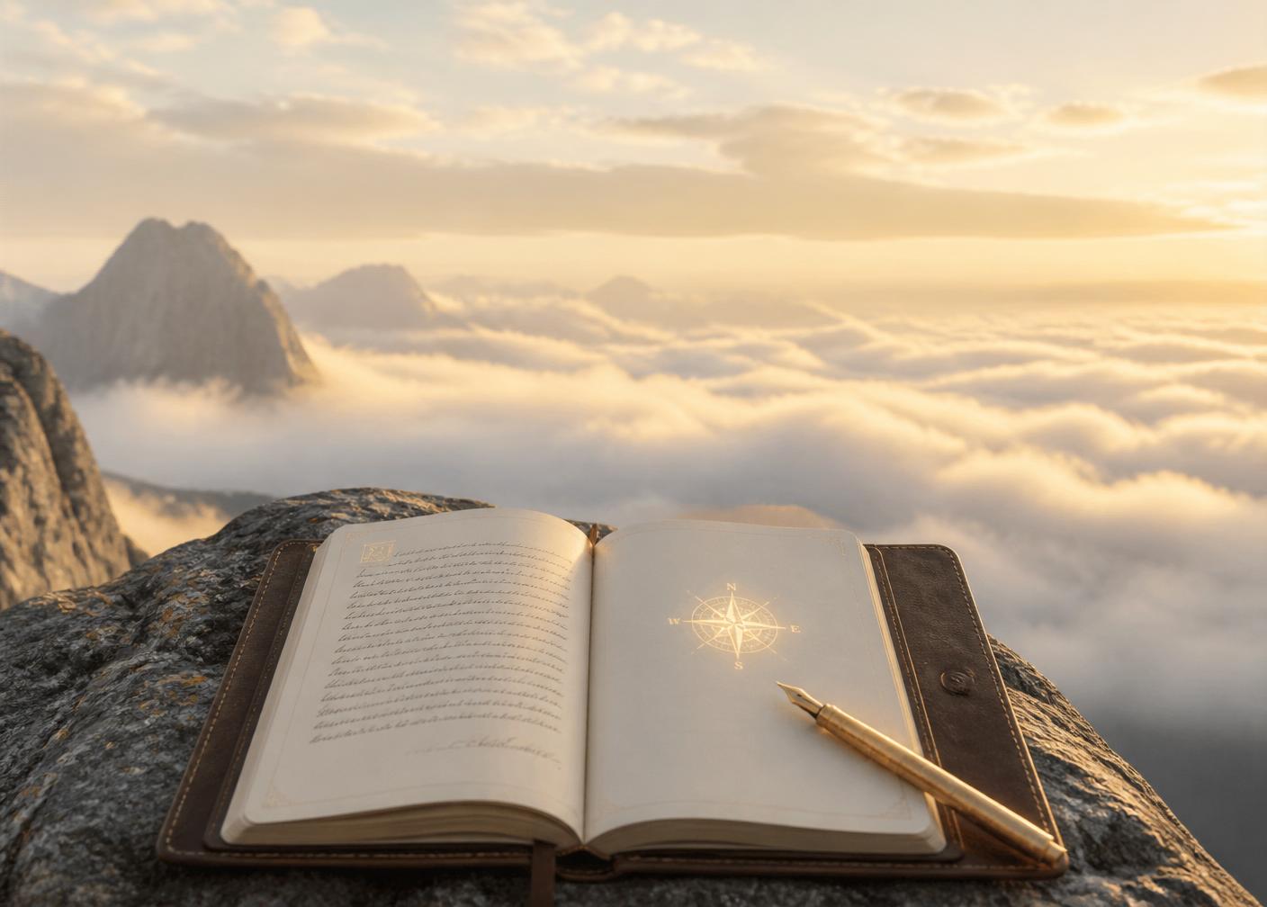 An open journal with a golden pen above a sea of clouds at dawn.