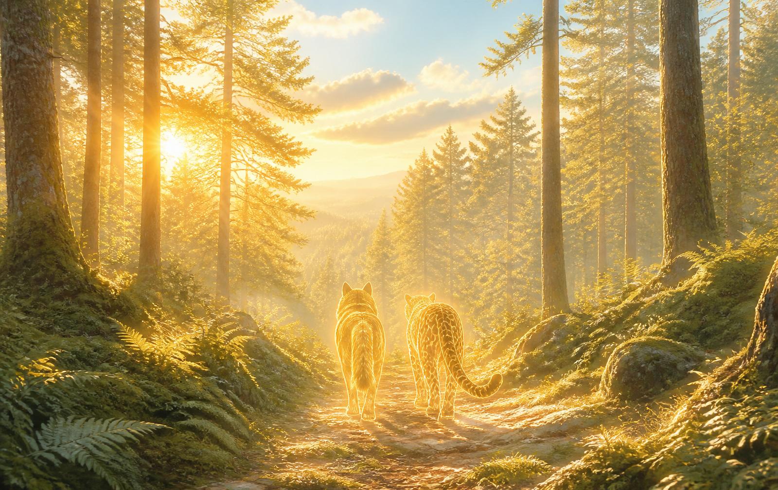 A wolf and a jaguar walking side by side along a moss-covered forest path.