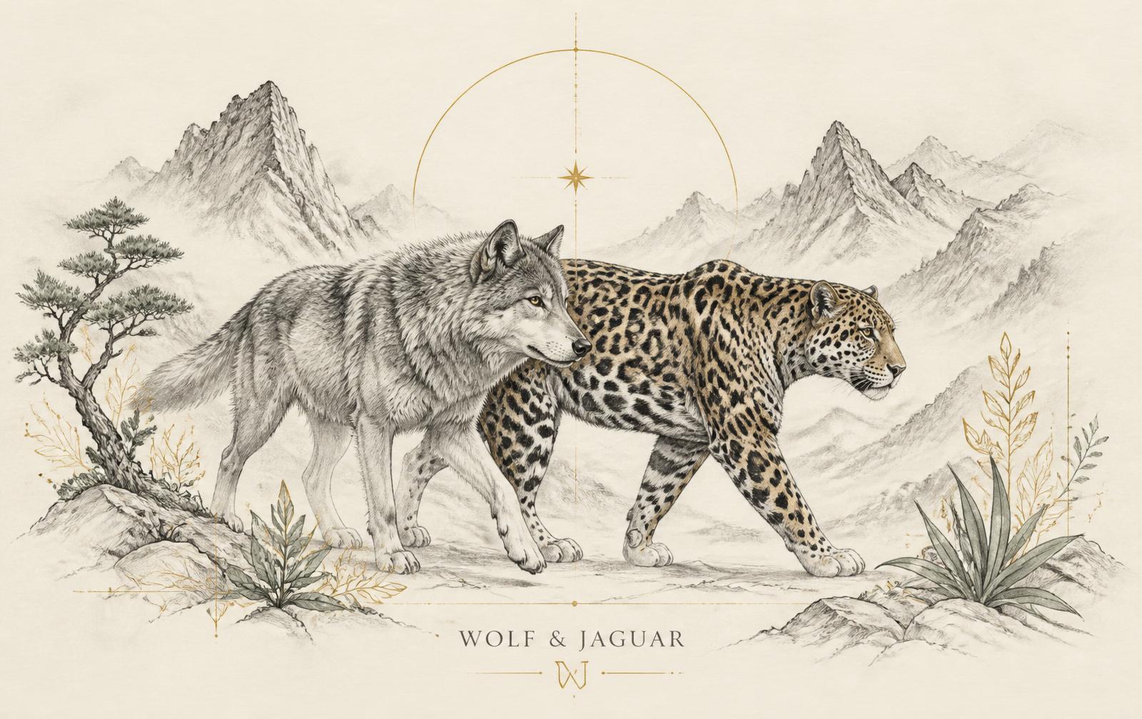 A wolf and jaguar walking side by side through a mountain landscape.