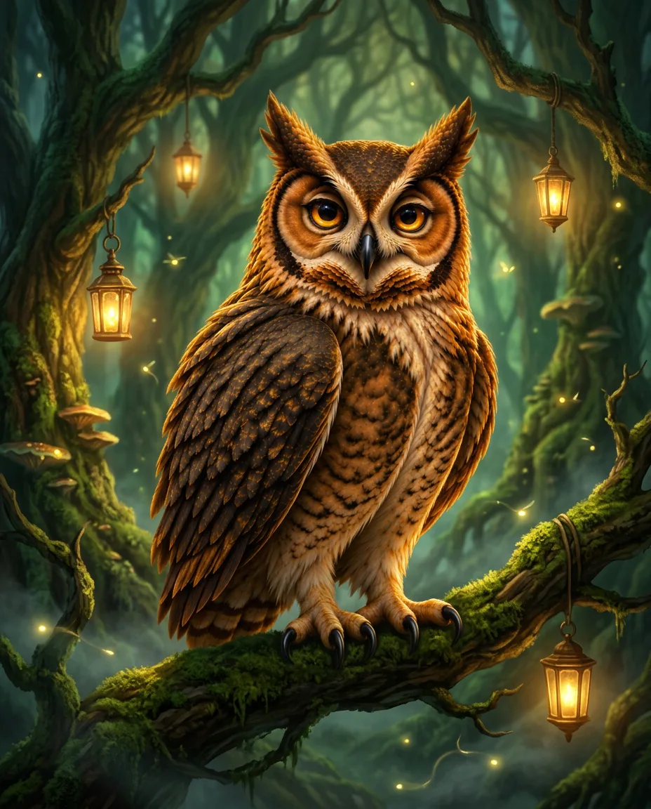 Master Owl perched on a mossy branch among lanterns