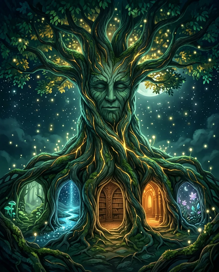 The Mother Tree at night with glowing roots and five doorways