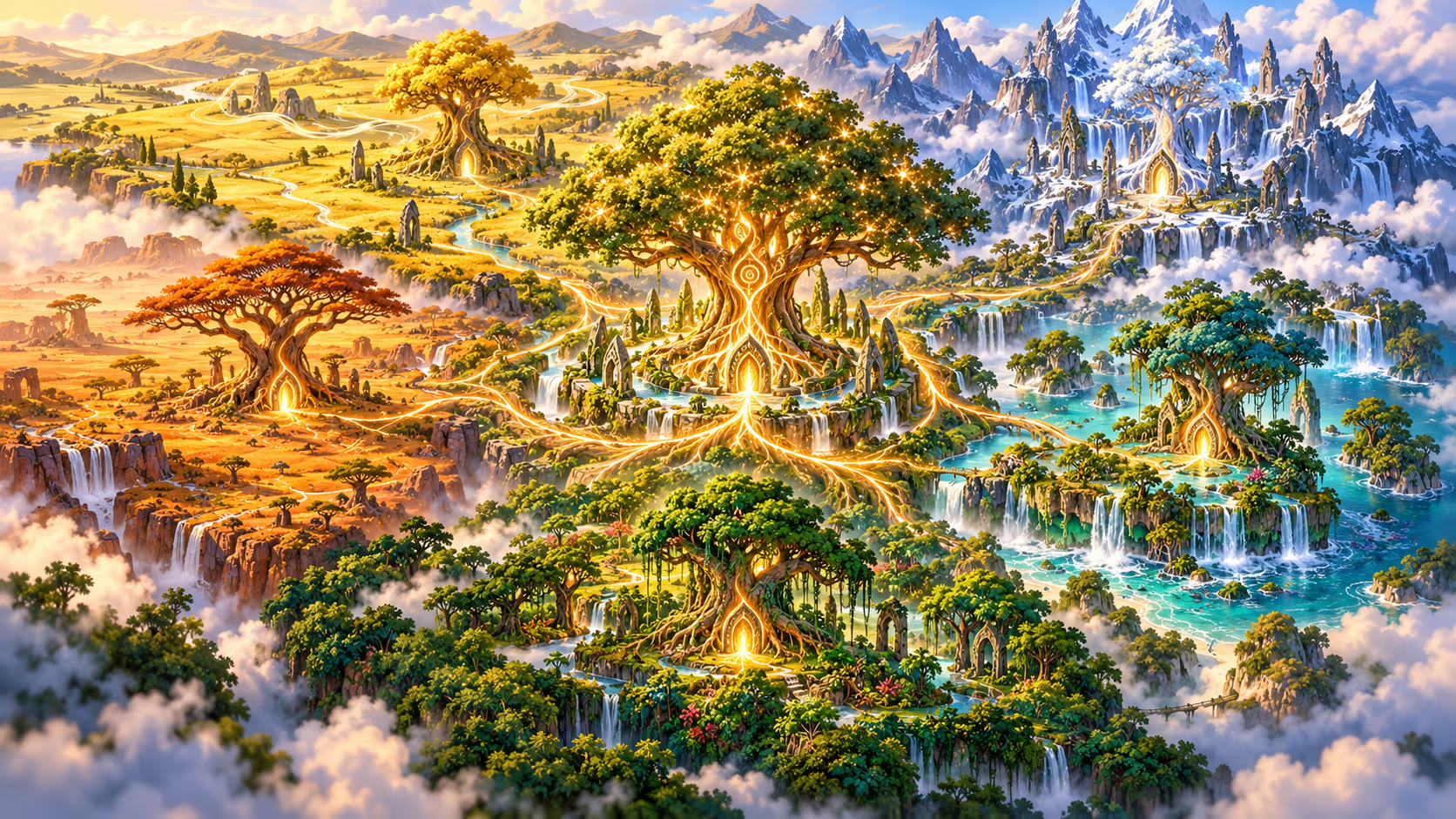 Illustrated map of Online Spiritual World, with Realm Home and the five surrounding Lands connected by glowing roots